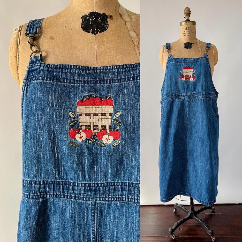 Vintage 1990s Teacher Apple Embroidered Cotton Denim Overall Jean Jumper 1X